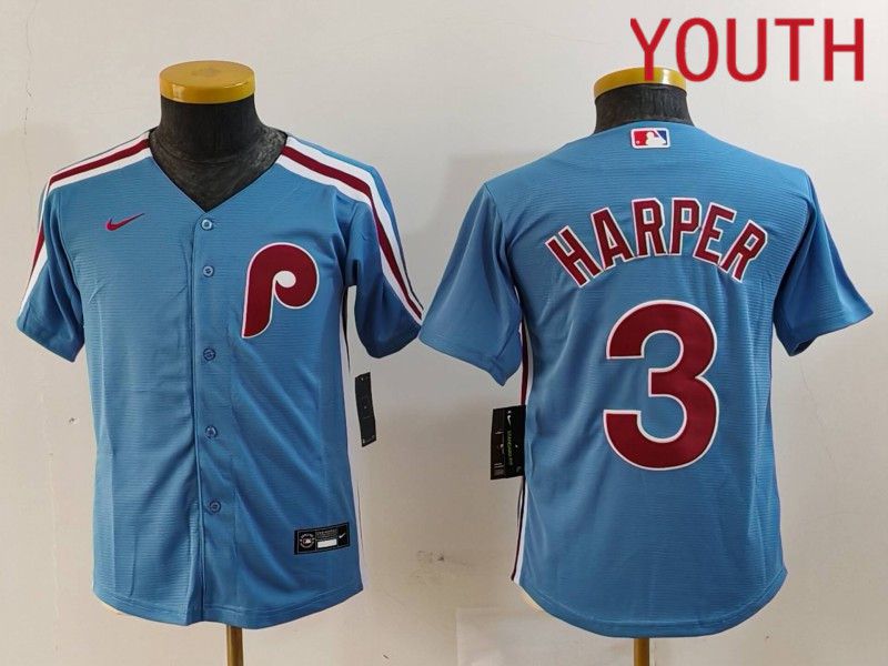 Youth Philadelphia Phillies #3 Harper Blue Throwback 2024 Nike MLB Jersey style 1->youth mlb jersey->Youth Jersey